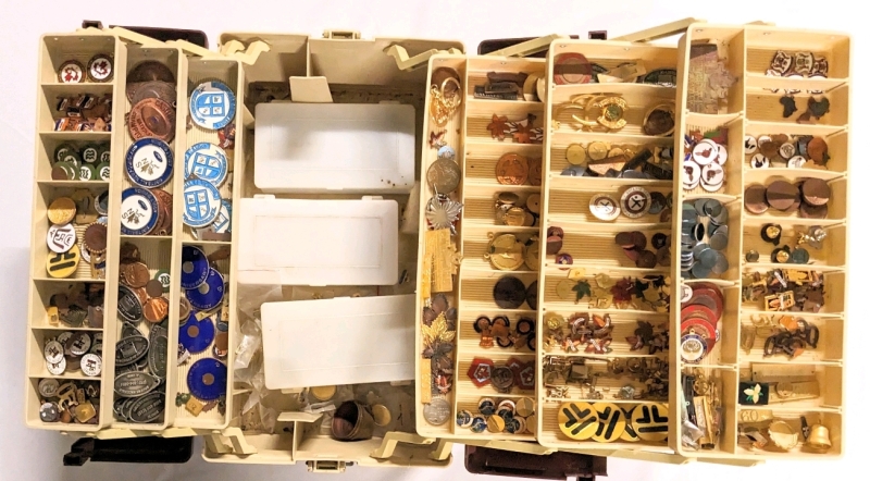 Large Vintage 3-Tier Plano Tackle Box Filled with Pins, Badges, Charms, Pin Fronts & more