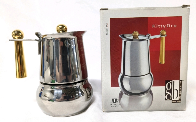 KittyOro Guido Bergna 1-Cup Coffee Maker: Stainless Steel with Handle & Knob Plated in 24K Gold