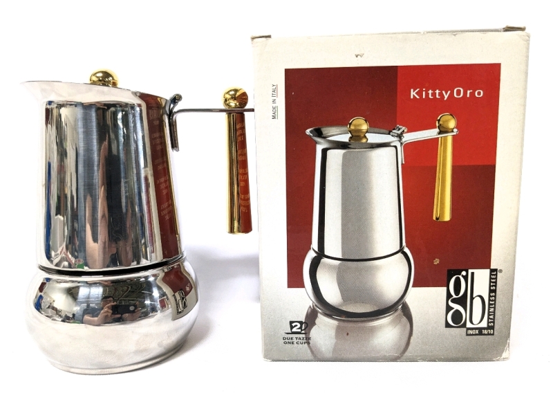 KittyOro Guido Bergna 2-Cup Coffee Maker: Stainless Steel with Handle & Knob Plated in 24K Gold