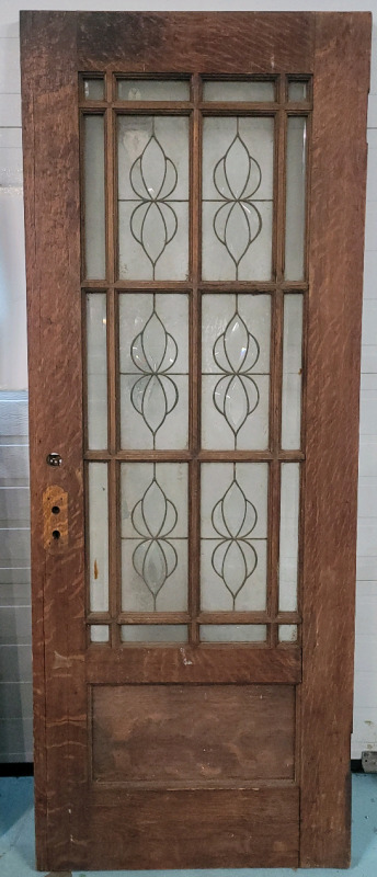 Vintage Oak Door w/Leaded Bevelled Clear & Frosted Glass , measures 32 3/32"×83 3/8"×1 3/4" .