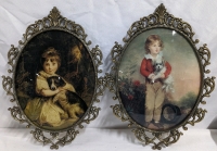 2 Vintage Ovular Prints of Children with Dogs.