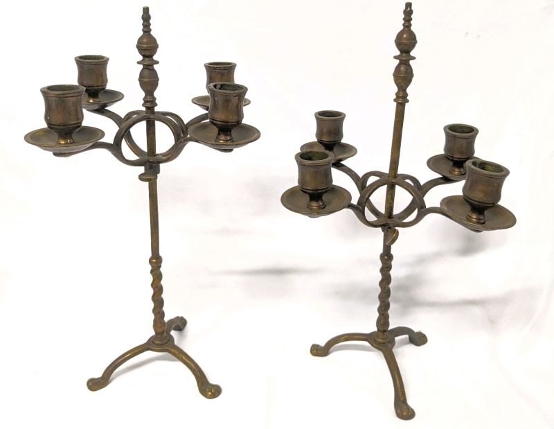 2 Vintage 4 Arm Brass Adjustable Library Candelabras with Paw Feet