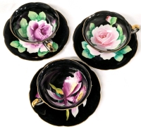 3 Vintage Handpainted Black Cups & Saucers: Roses, Orchid Marked Made in Japan