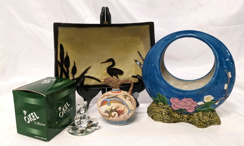 Okel Ireland Crystal Figure, Japan Moon Vase, Signed Hand Made Crete Museum Replica Jug, Signed Crane/Heron Plate