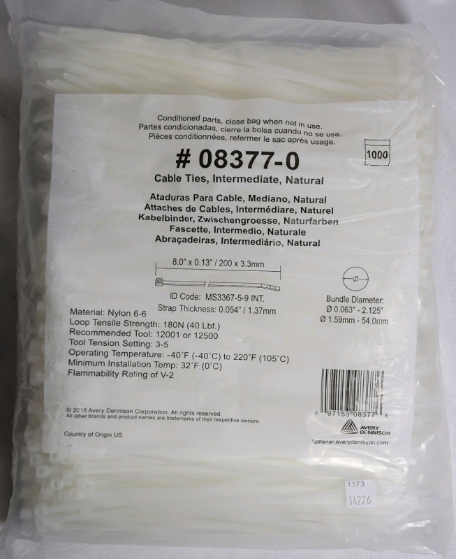 1000 New 8" White Cable Ties, Sealed Bag