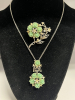 CORO Necklace Brooch Set Carved green Porcelain Roses Enamel Earrings - 2