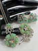 CORO Necklace Brooch Set Carved green Porcelain Roses Enamel Earrings - 6