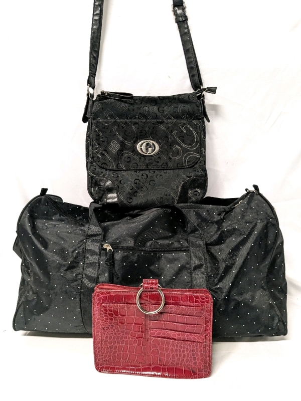 Bags: Duffle Bag, Guess Crossbody Purse & Faux Alligator Skin Clutch