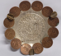 925 Sterling Silver Taxco Mexico Souvenir Ashtray w/20 Centavos Coins