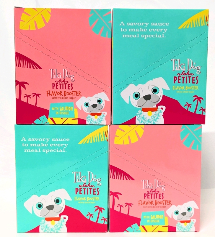 4 New Boxes TIKI DOG Aloha Petites: Salmon in Bisque Food Topper (12 Packages per Box) Just Past "Best By" Date.