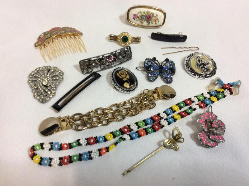 Vintage Collection of Hair Scarf & Sweater Clips Rhinestones +