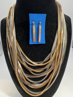 Statement Multi Box Chain 3 tone Necklace Drop Earrings