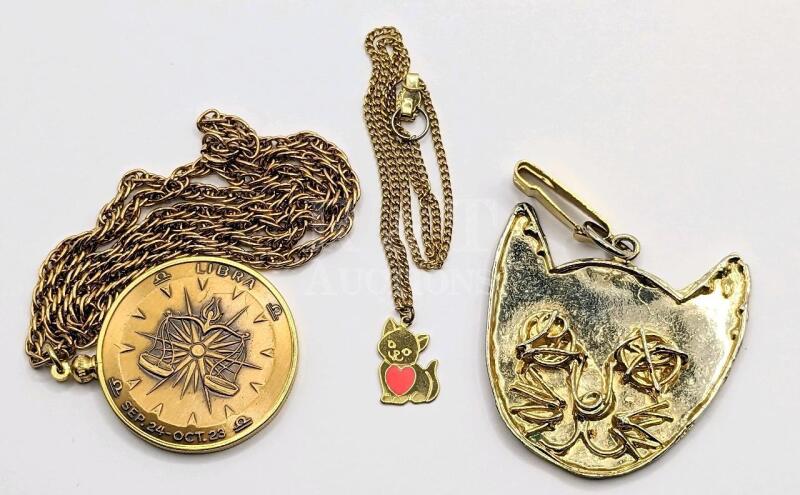 Cats & Astrology! Large Reclaimed Cat Pendant, Substantial Libra Pendant & Chain, Small Adorable Kitten Necklace