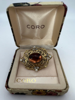 Vintage signed CORO Fabric box with Topaz Brooch