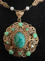 Vintage stunning filigree Opaque green rhinestone Necklace Haskel styling