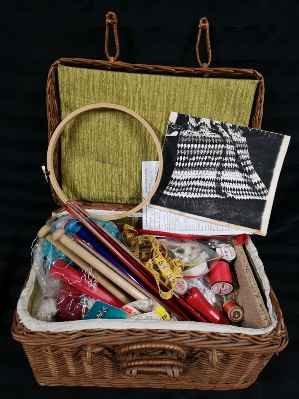 Picnic Basket Full of Vintage Sewing & Knitting Accessories