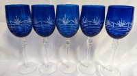 5 Vintage Long Stem Patterned Wine Glasses.