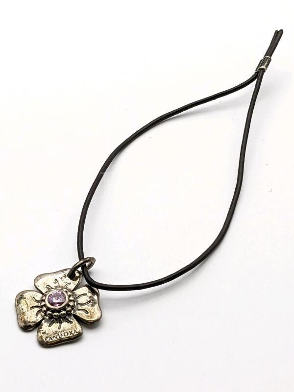 Pandora Sterling Silver Pink Cubic Zirconia Flower Charm Clasp Opener Leather Cord 925 ALE.