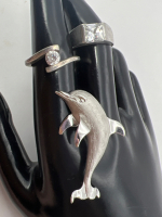 Vintage BEAU Sterling Dolphin Brooch Two 925 Rings Stones
