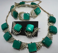 Vintage Signed Coro Green Moonglow Lucite Squares Set
