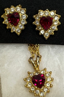 Ruby Red Rhinestone Halo Necklace Earrings Set.