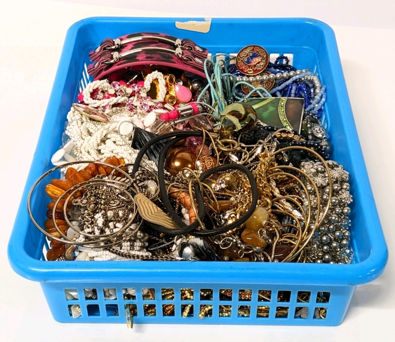 Blue Bin Full of Unsorted Jewelry