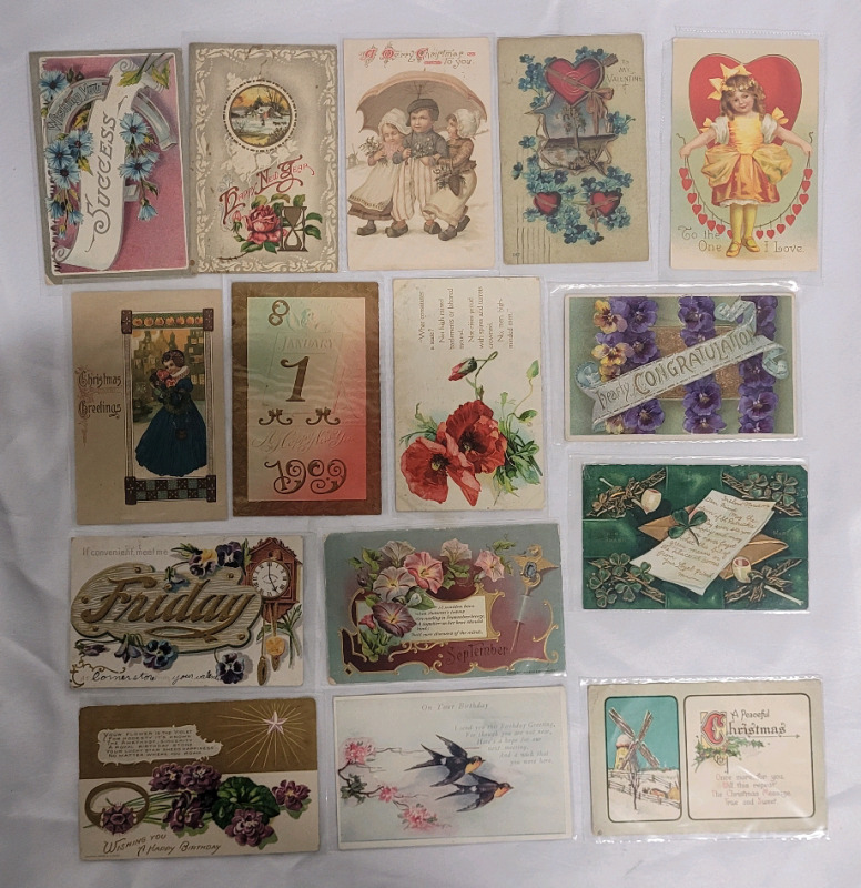 Vintage Early 1900s Greetings Postcards , 15 Postcards (13 Used & 2 Unused)