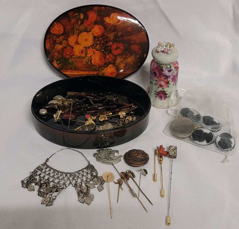 Vintage Lot Hair Pins , Stick Pins , Cameo Cabochons , Charm Holders Plus More