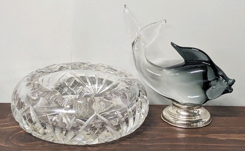 Vintage Ornate Crystal Glass Ashtray & Smokey Art Glass Fish w Silver Tone Base