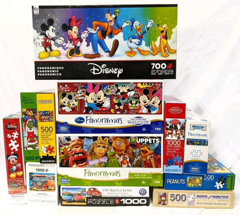 Assorted Jigsaw Puzzles: Muppets, Disney, Volkswagen, Peanuts, Christmas +