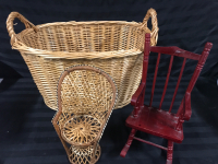 Large Wicker Basket & 2 Doll Chairs