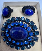 Exquisite Cobalt Jappaned Rhinestone Brooch Earrings