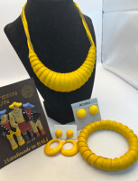 Vintage Yellow Leather Bracelet Necklace Set plus Earrings