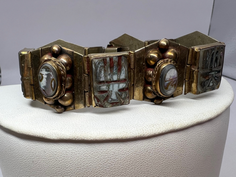 Unique Sterling 925 Taxco Panel Bracelet Carved Abalone