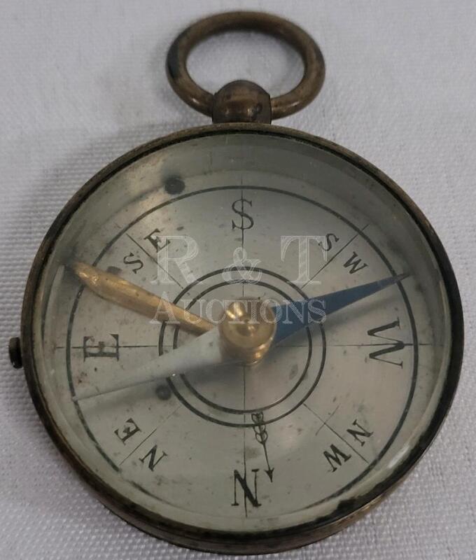 Vintage Brass Pocket Compass Fob , 4cm Diameter , Made in France