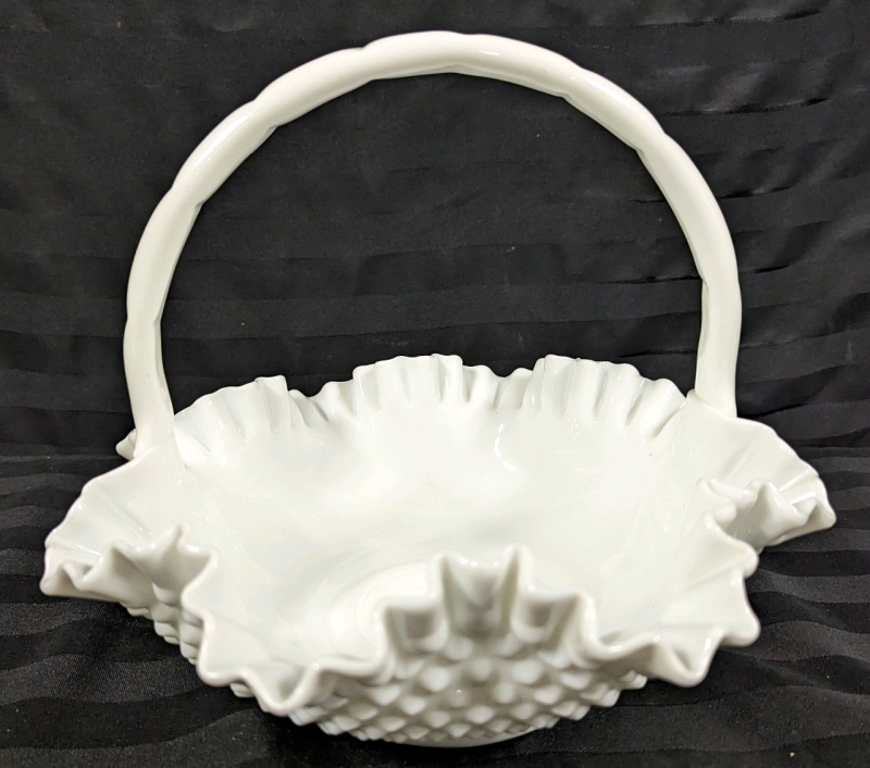 Vintage Unsigned Fenton Hobnail Milk Glass Basket.