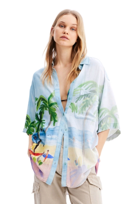 New DESIGUAL Women's Oversize Tropical Linen Shirt (Size Small)