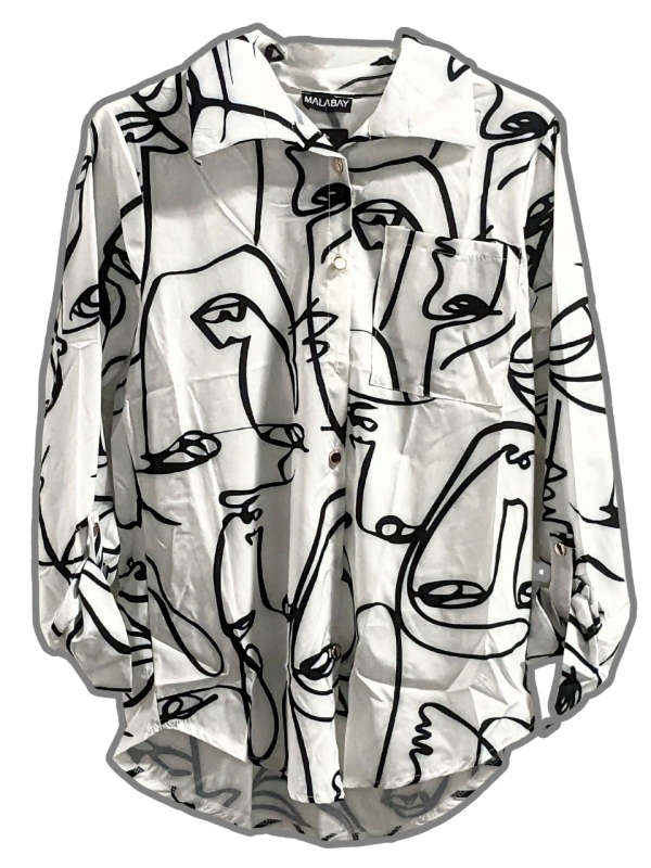 New MalaBay Ladies Abstract Face Button-Up Shirt (Large?) Made in Italy