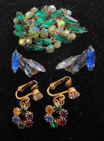 Vintage Emerald Green and AB Rhinestone Brooch Earrings