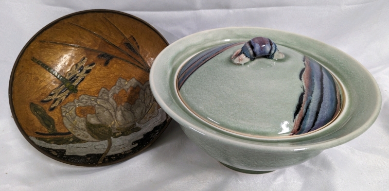 Earthenware Bowl with lid and Painted Brass Bowl.