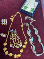 Tray with Vintage Necklaces AB brooches Earrings and Jade