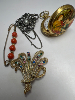 Vintage Pocket Watch and 3 Brooches