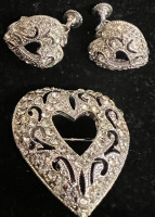 Vintage Hedy Pavé Open Heart Brooch Earring set