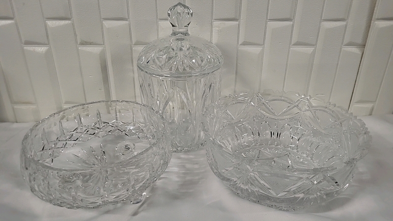 Crystal or Cut Glass Lot - 2 Serving Bowls & Candy Dish