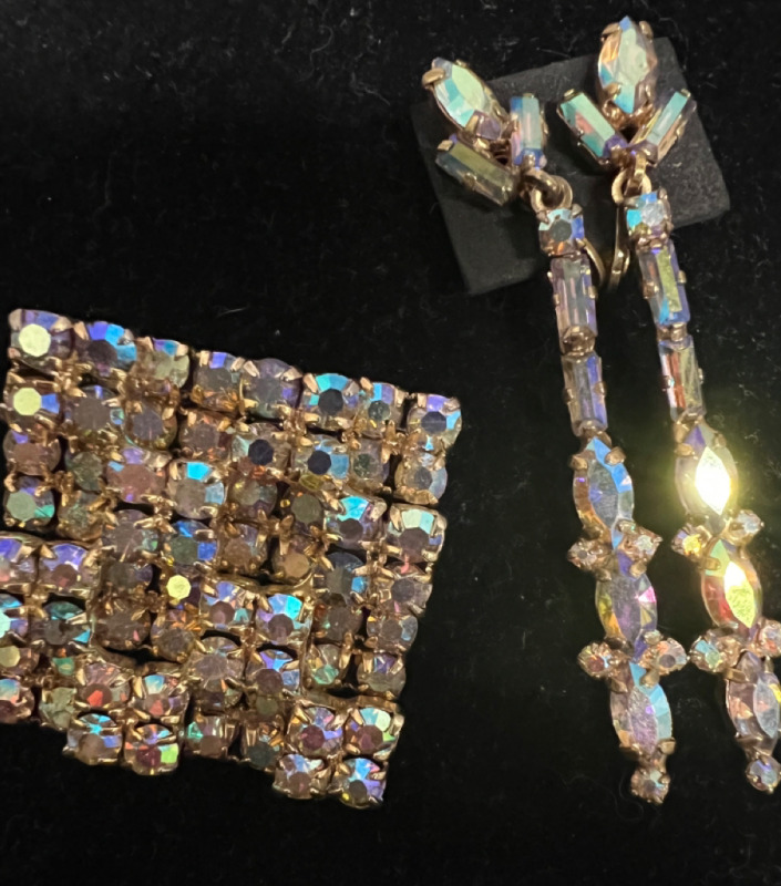 Two Spectacular Vintage Rhinestones Tiered Brooch Earrings