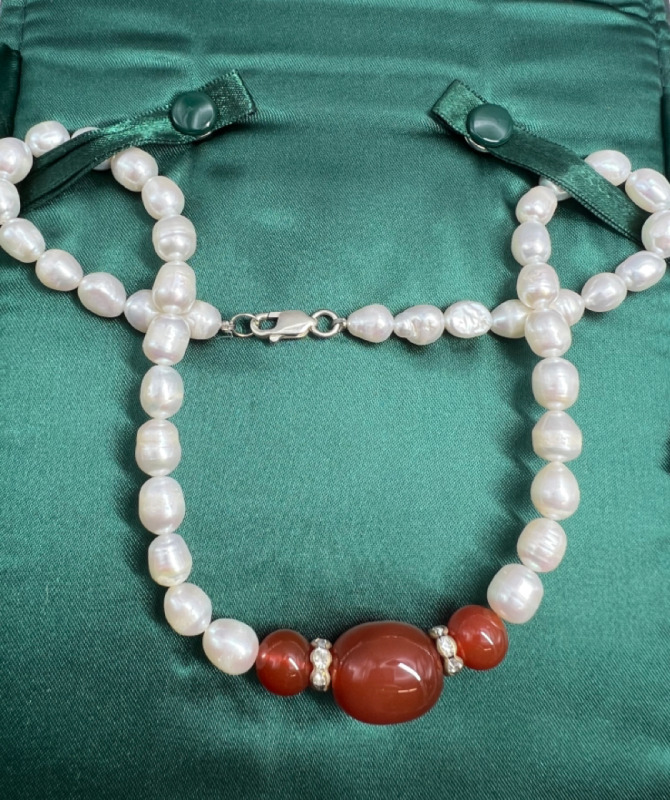 925 Sterling Baroque Pearl Necklace Carnelian Stones Boxed