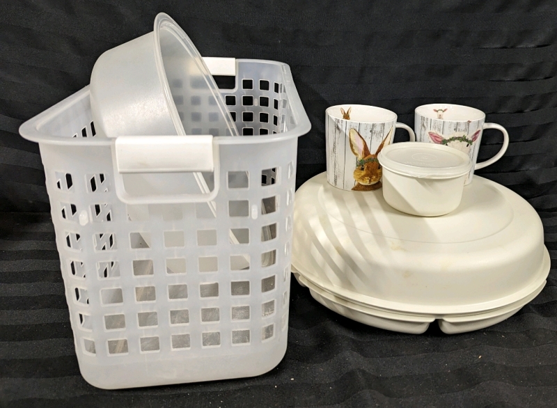 Collection of kitchenware in a basket.