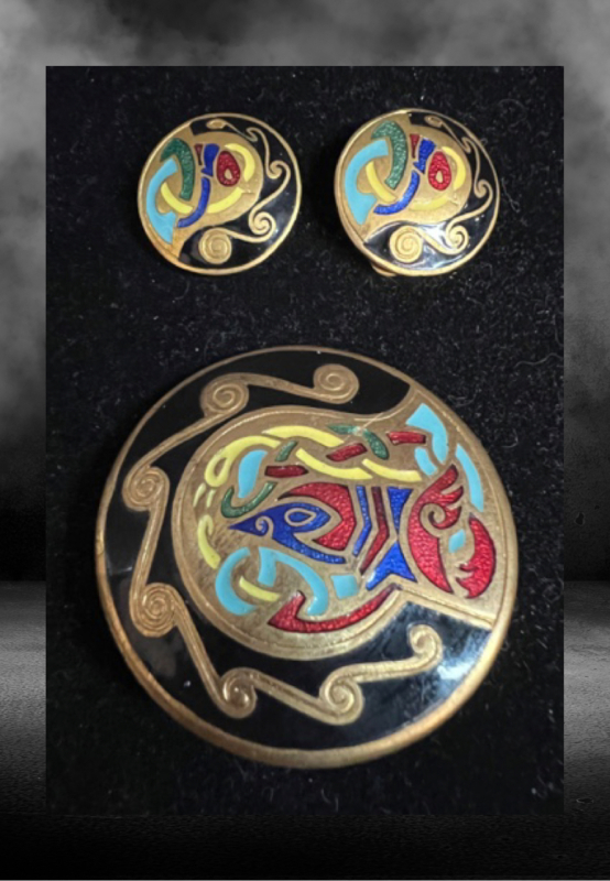 Vintage Celtic Book of Kells Enamel Brooch Earrings Ireland