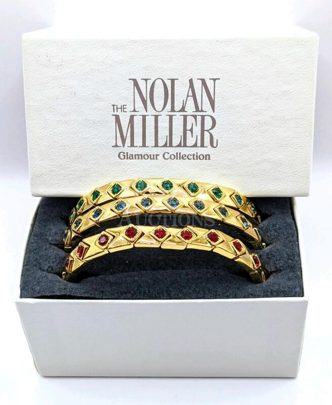 The Nolan Miller Glamour Collection: 3 Gorgeous Gold Tone Bracelets with Red, Green, Blue Stones.