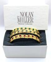 The Nolan Miller Glamour Collection: 3 Gorgeous Gold Tone Bracelets with Red, Green, Blue Stones.